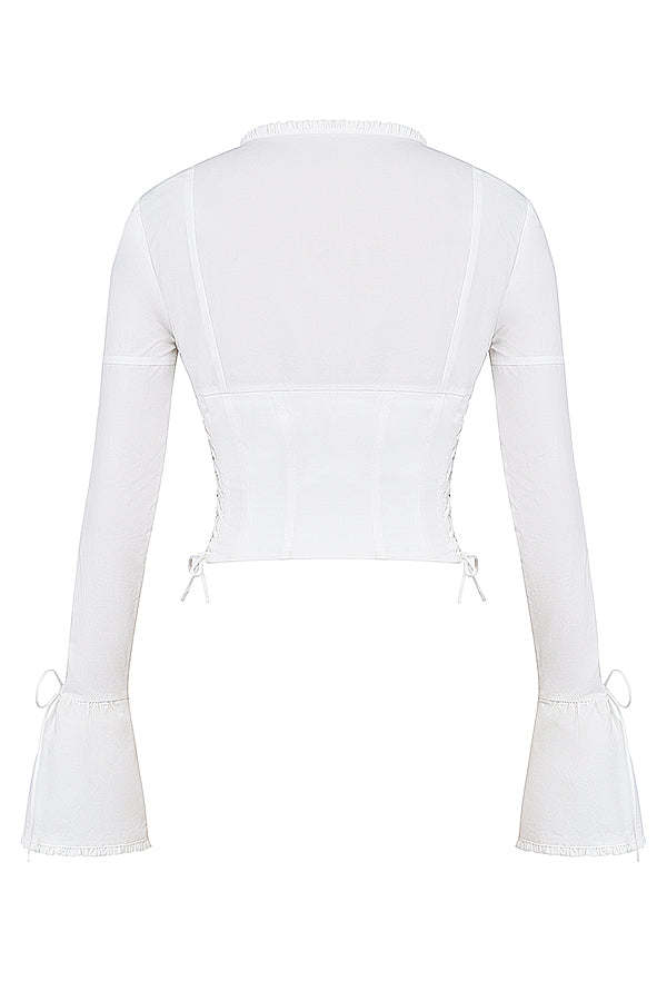 Annalena | Trendy Witte Lange Mouwen Corset Top met Vetersluiting