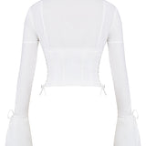 Annalena | Trendy Witte Lange Mouwen Corset Top met Vetersluiting