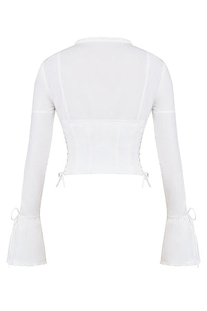 Annalena | Trendy Witte Lange Mouwen Corset Top met Vetersluiting