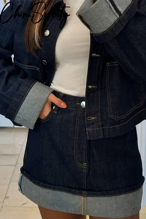 Dames-Denim-Set – Cropped Jeansjack & High-Waist Minirok met Omslag