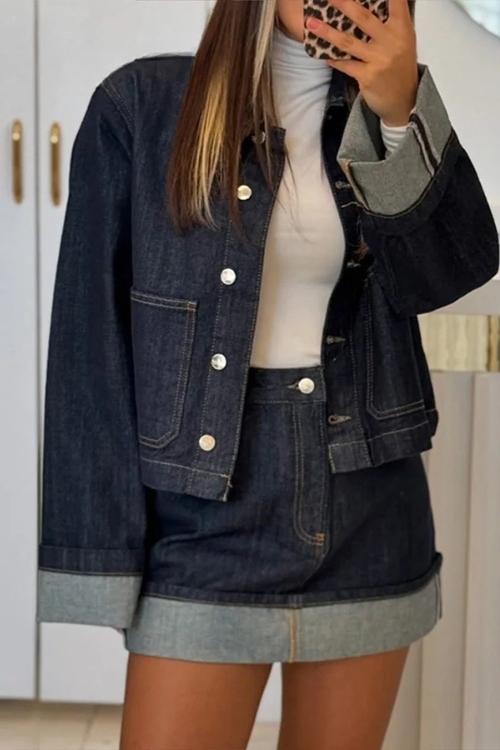 Dames-Denim-Set – Cropped Jeansjack & High-Waist Minirok met Omslag