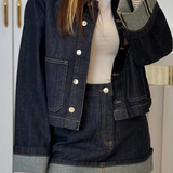 Dames-Denim-Set – Cropped Jeansjack & High-Waist Minirok met Omslag