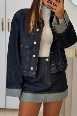Dames-Denim-Set – Cropped Jeansjack & High-Waist Minirok met Omslag