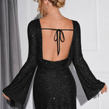 Glitter Jurk Dames – Stijlvolle Feestjurk met Open Rug en Lange Mouwen
