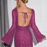 Glitter Jurk Dames – Stijlvolle Feestjurk met Open Rug en Lange Mouwen