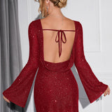 Glitter Jurk Dames – Stijlvolle Feestjurk met Open Rug en Lange Mouwen