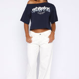 Ik Heb Dat Gevoel Boxy Off Shoulder T-shirt Marineblauw – Schattig, Licht en Stijlvol