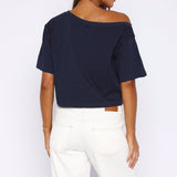 Ik Heb Dat Gevoel Boxy Off Shoulder T-shirt Marineblauw – Schattig, Licht en Stijlvol