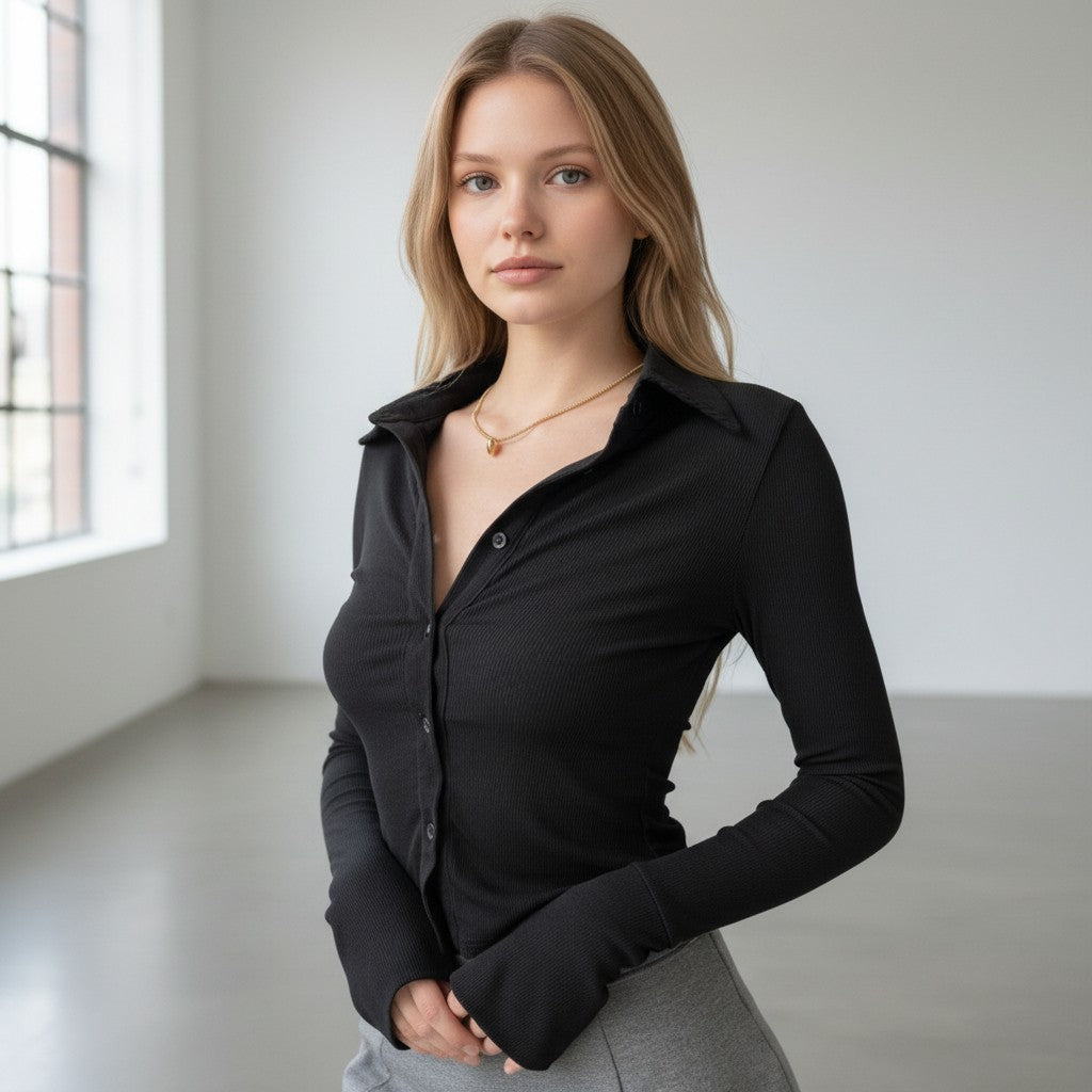 Zentaro.nl black ribbed long-sleeve top with collar and button-up front, flared cuffs.