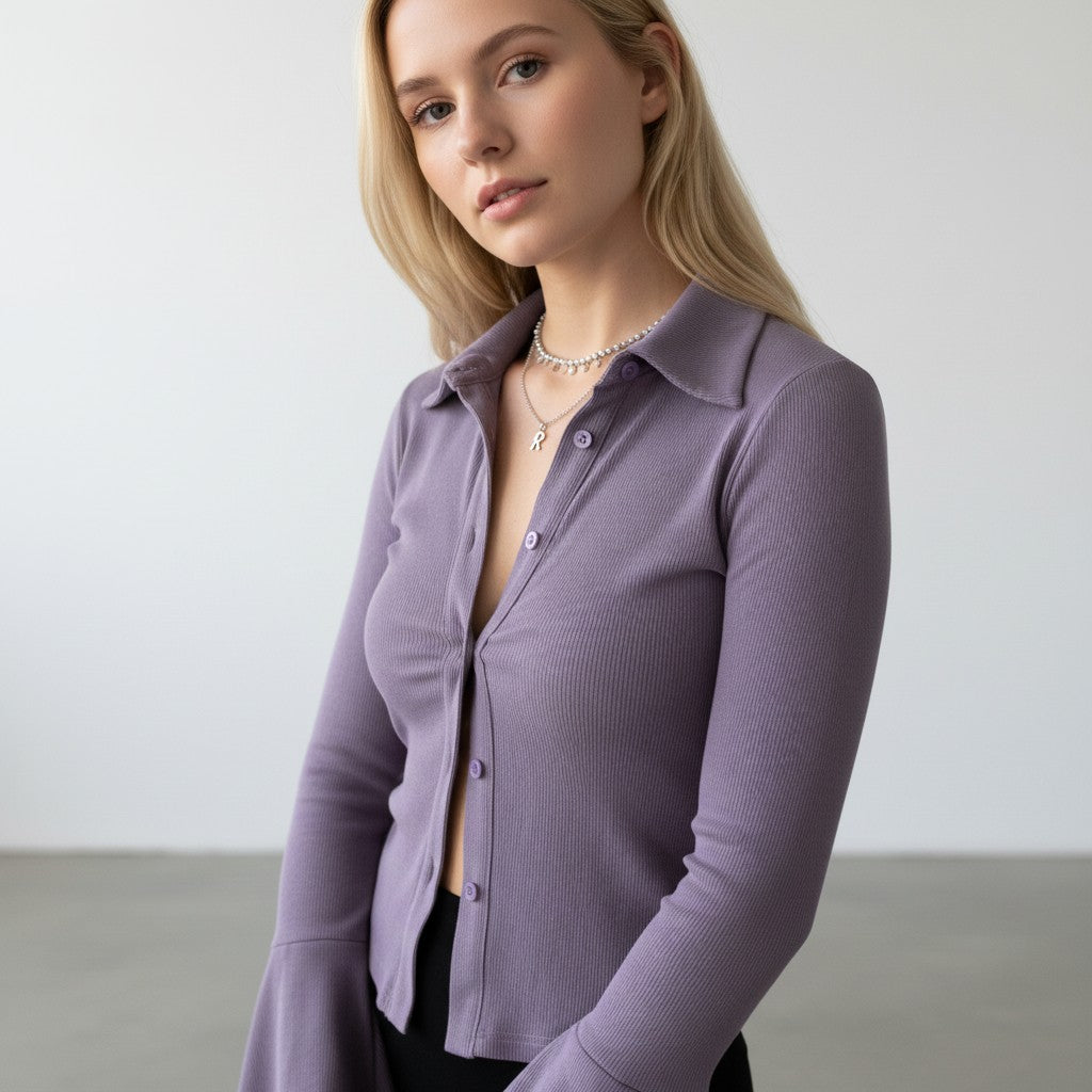 Zentaro.nl fitted purple ribbed knit collared button-up top with flared sleeves.